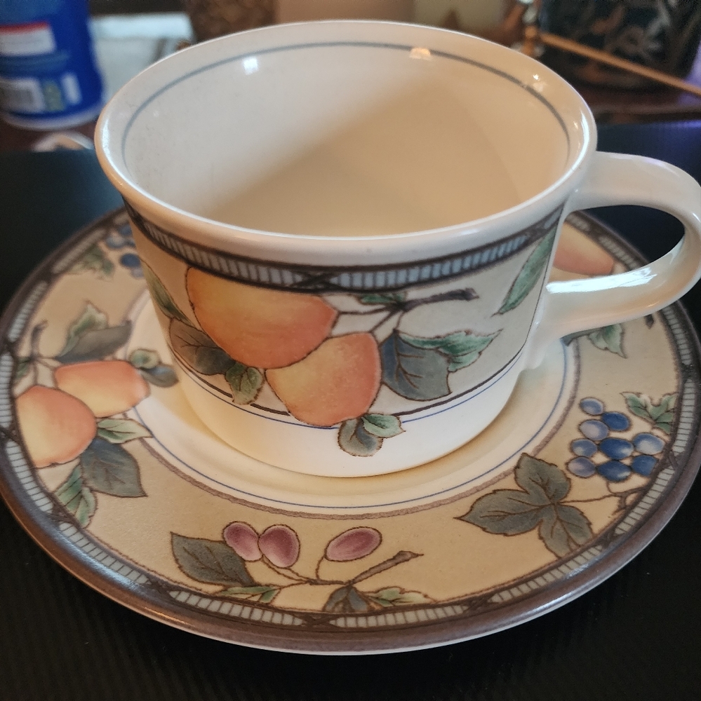 Mikasa Orange and Blue coffee cups with Floral Pattern. Set of 8.